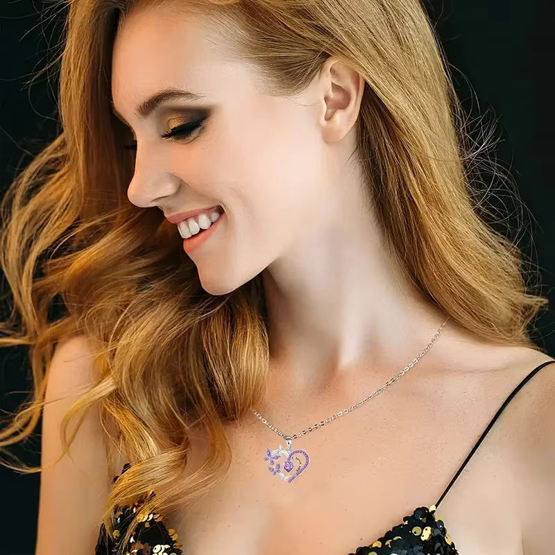 Fashion Jewelry Necklace for Butterfly Design Heart Shaped White/Purple Crystal Silver Plated Pendant Necklaces for Women