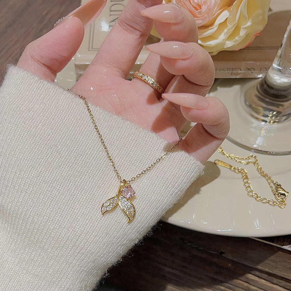 Sweet Heart Shape Butterfly Bow Knot Titanium Steel Inlay Artificial Pearls Rhinestones Pendant Necklace