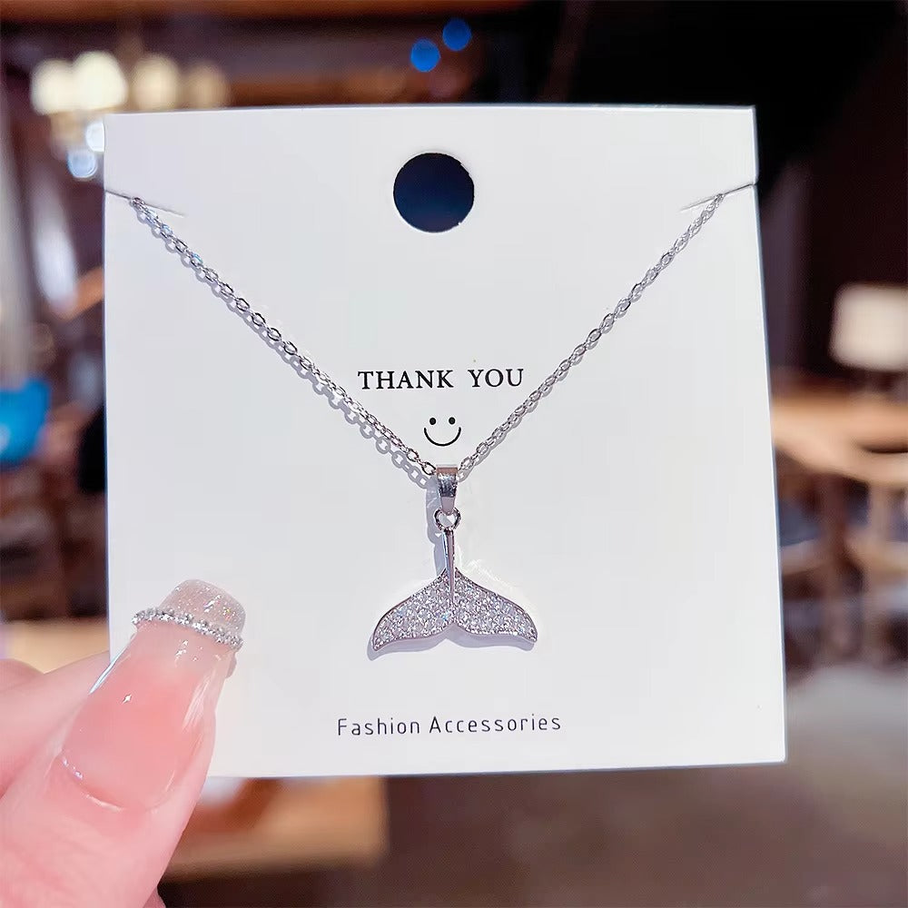 Mermaid Pendant Whale Tail Clavicle Chain Necklace Trendy Silver Color Stainless Steel Chain Lucky Animal Fishtail Necklace