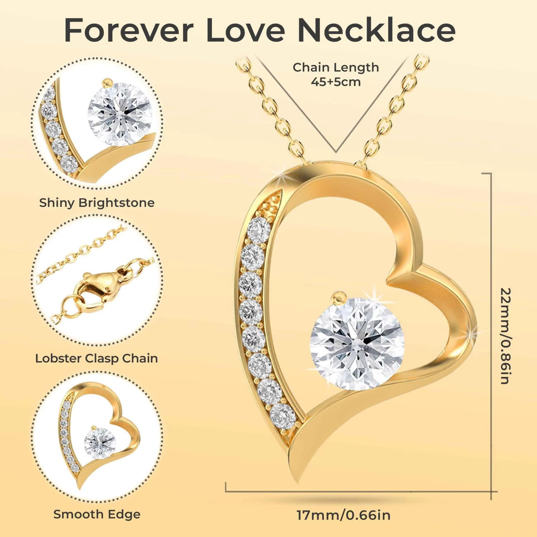 Titanium Steel Copper Plating Heart Shape Zircon Pendant Necklace Gold