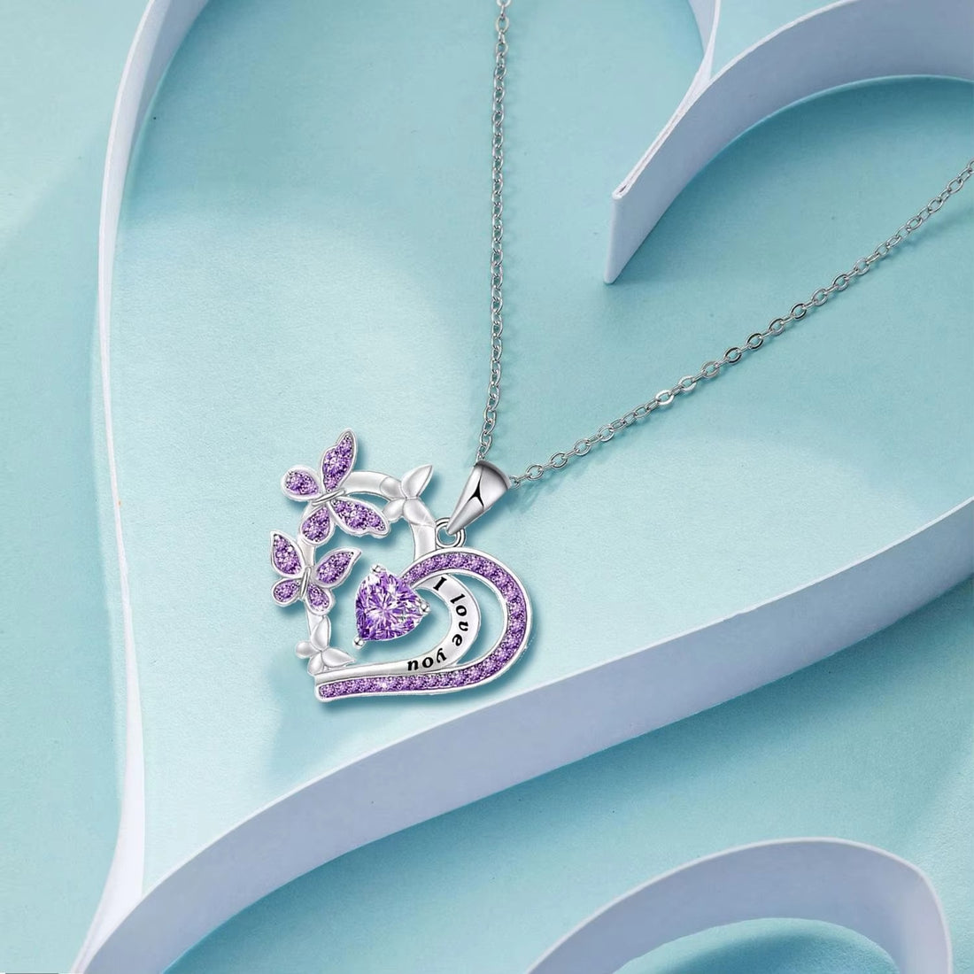 Fashion Jewelry Necklace for Butterfly Design Heart Shaped White/Purple Crystal Silver Plated Pendant Necklaces for Women