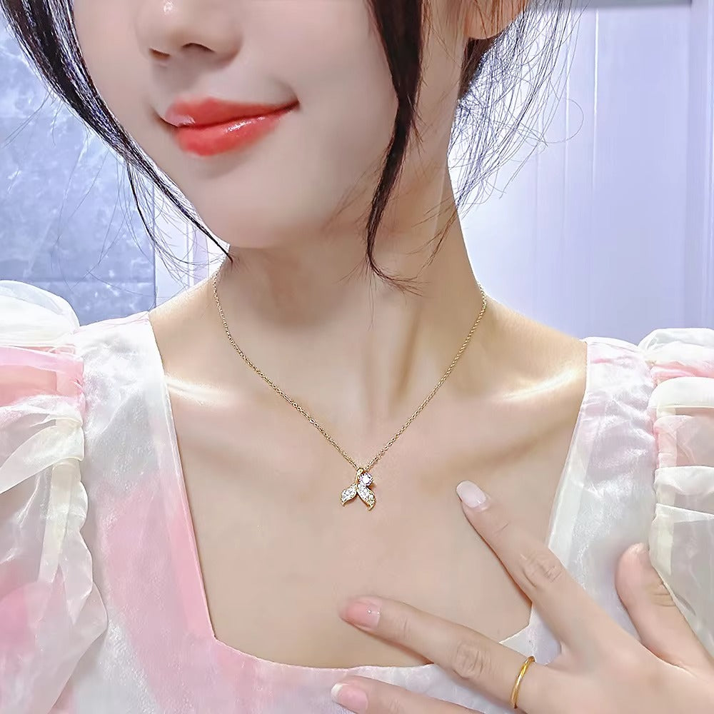 Sweet Heart Shape Butterfly Bow Knot Titanium Steel Inlay Artificial Pearls Rhinestones Pendant Necklace