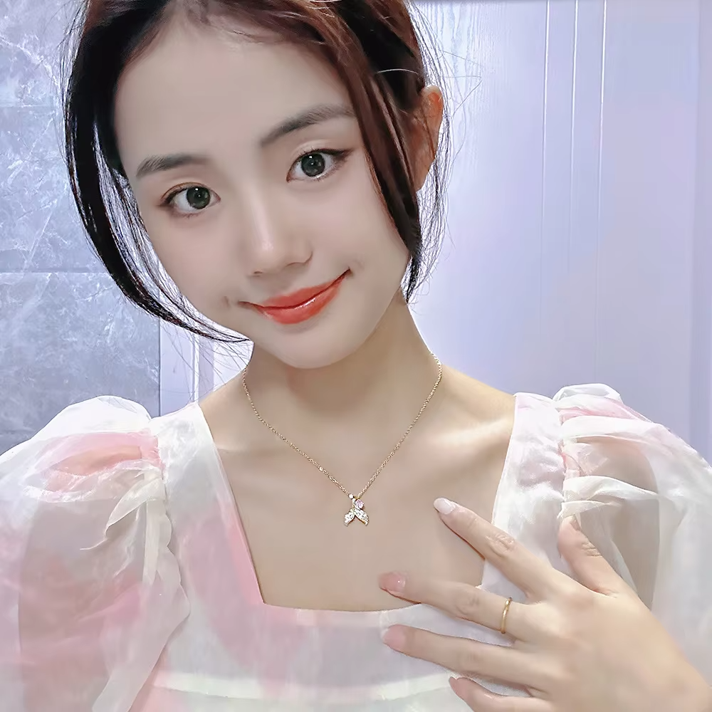 Sweet Heart Shape Butterfly Bow Knot Titanium Steel Inlay Artificial Pearls Rhinestones Pendant Necklace