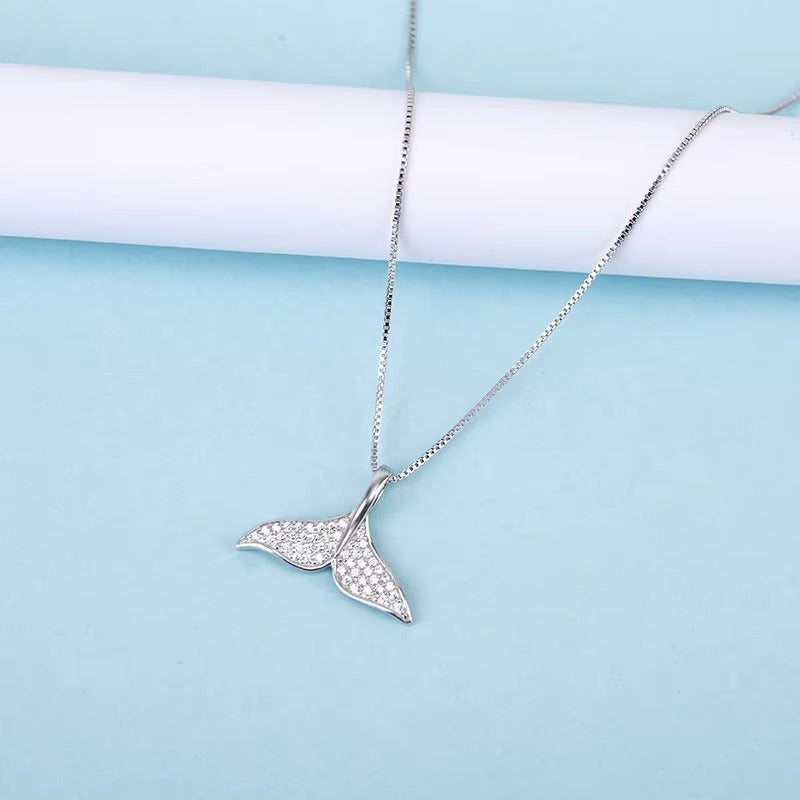 Mermaid Pendant Whale Tail Clavicle Chain Necklace Trendy Silver Color Stainless Steel Chain Lucky Animal Fishtail Necklace