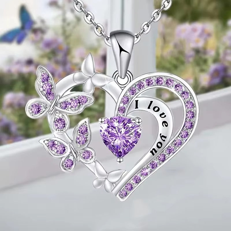 Fashion Jewelry Necklace for Butterfly Design Heart Shaped White/Purple Crystal Silver Plated Pendant Necklaces for Women