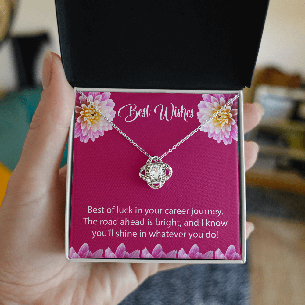 Best Wishes Gift – Elegant Love Knot Necklace with Greeting Card | Good Luck Jewelry Gift for Career, Farewell, Birthday & Special Occasions | Silver-Plated Pendant for Women