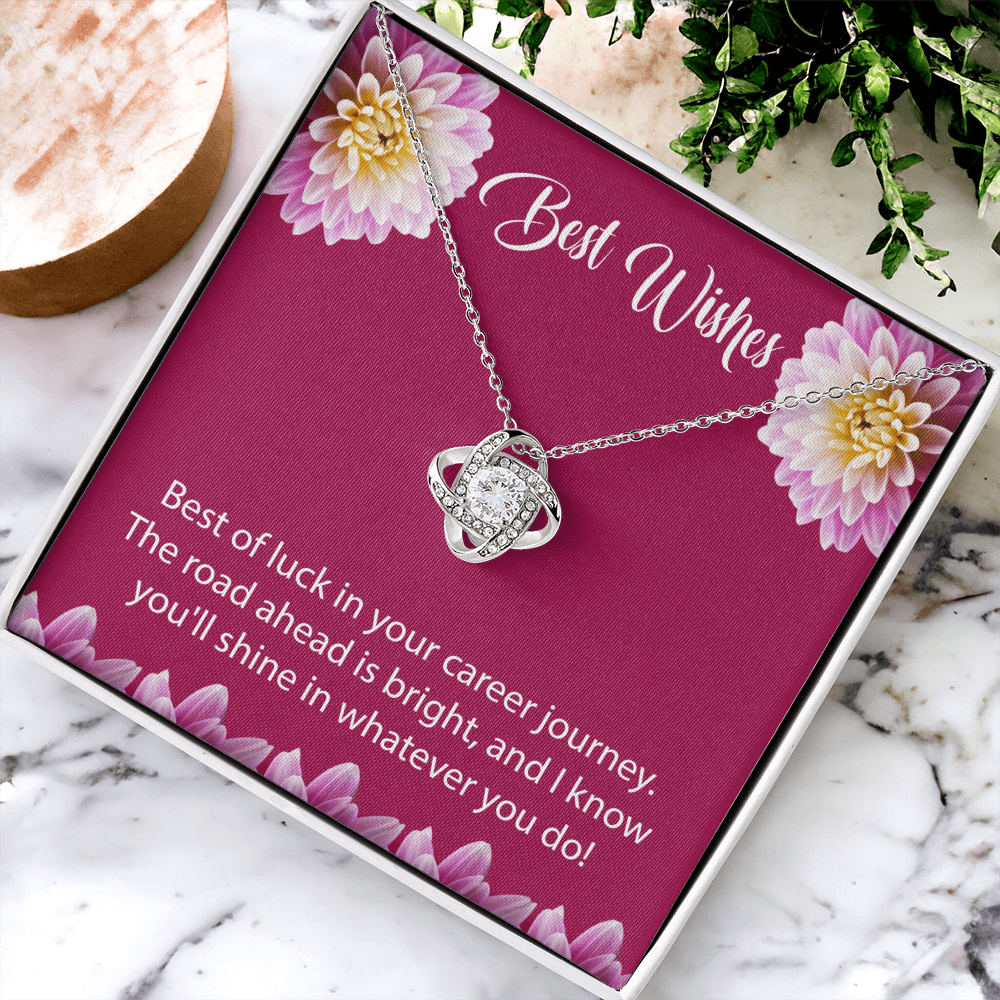 Best Wishes Gift – Elegant Love Knot Necklace with Greeting Card | Good Luck Jewelry Gift for Career, Farewell, Birthday & Special Occasions | Silver-Plated Pendant for Women