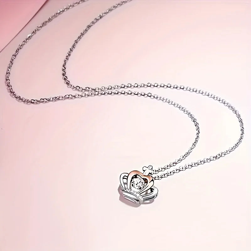 Creative Elegant Trendy Zircon Crown Pendant Necklace Decorative Accessories Holiday Birthday Gift For Girls With Gift Card Box