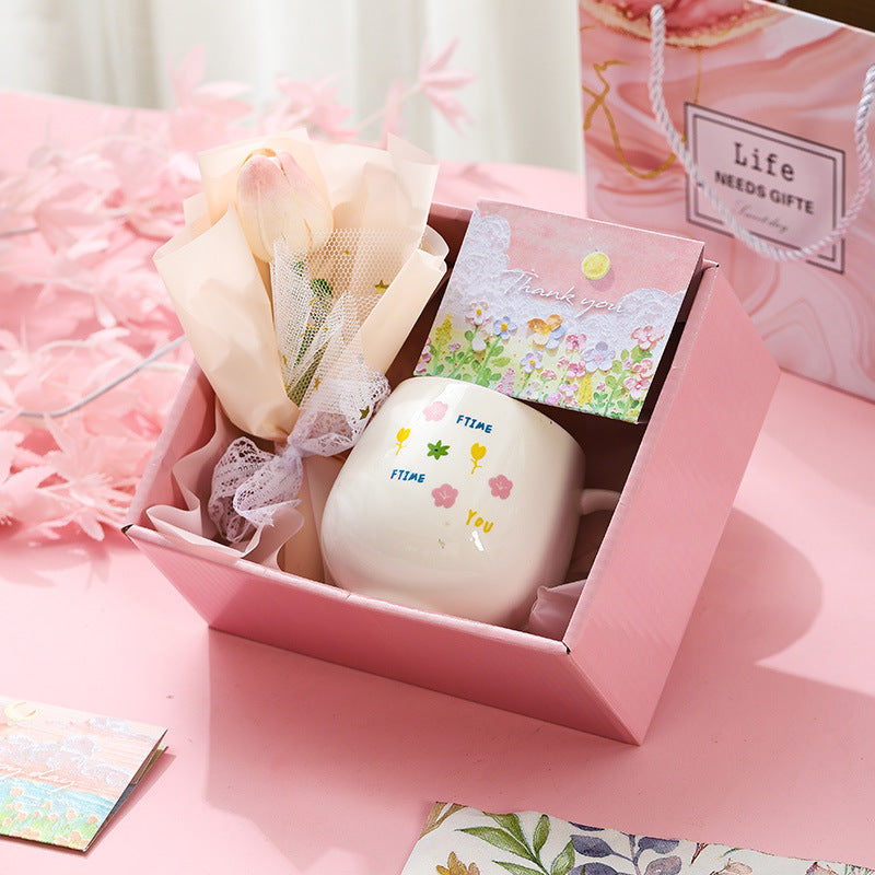 Birthday Gift Small Fresh Tulip Cup Ceramic Cup Girl's Heart Accompanying Gift For Best Friends Practical Mug Gift Box