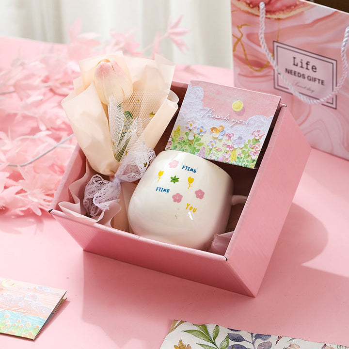 Birthday Gift Small Fresh Tulip Cup Ceramic Cup Girl's Heart Accompanying Gift For Best Friends Practical Mug Gift Box