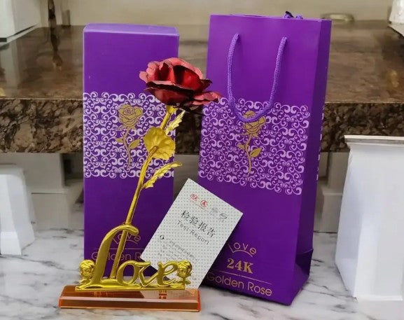 24 K Purple Box Red Rose With Love Stand And Carry Bag