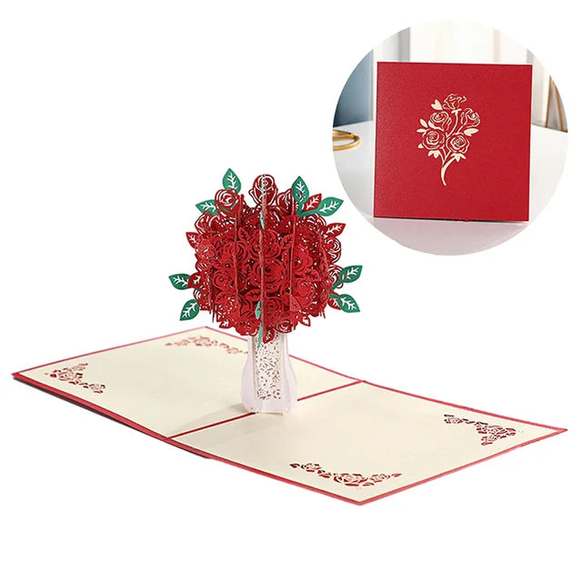 Stereoscopic Roses 3D Pop Up Love Greeting Card Envelope Valentines Day Birthday Anniversary Greeting Card Couples Postcard