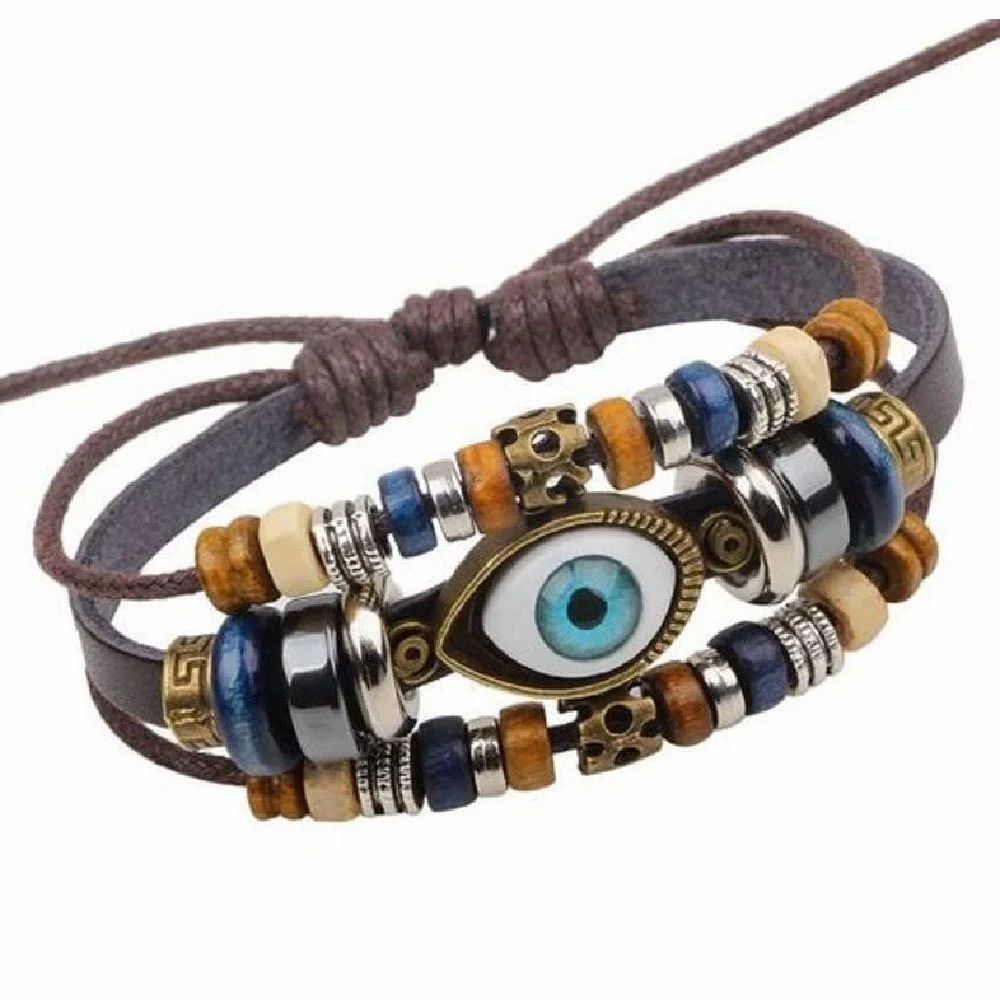 Mens Multi-Layer Evil Eye Braided Leather Bracelet