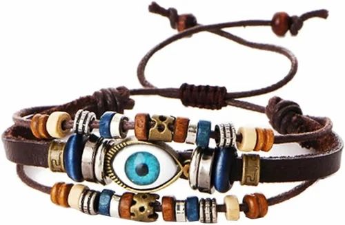 Mens Multi-Layer Evil Eye Braided Leather Bracelet