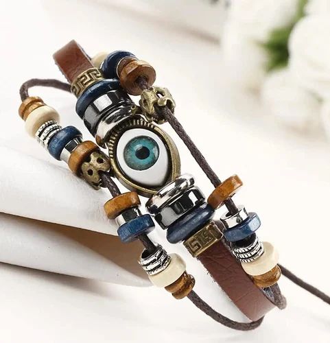Mens Multi-Layer Evil Eye Braided Leather Bracelet