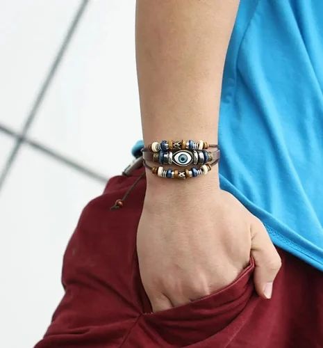 Mens Multi-Layer Evil Eye Braided Leather Bracelet