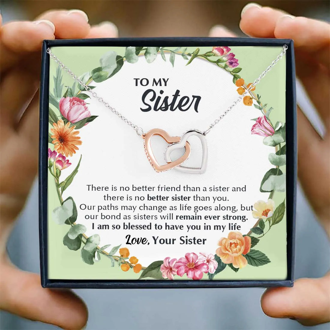 Sister Love Interlocked Double Heart Pendant Necklace Birthday