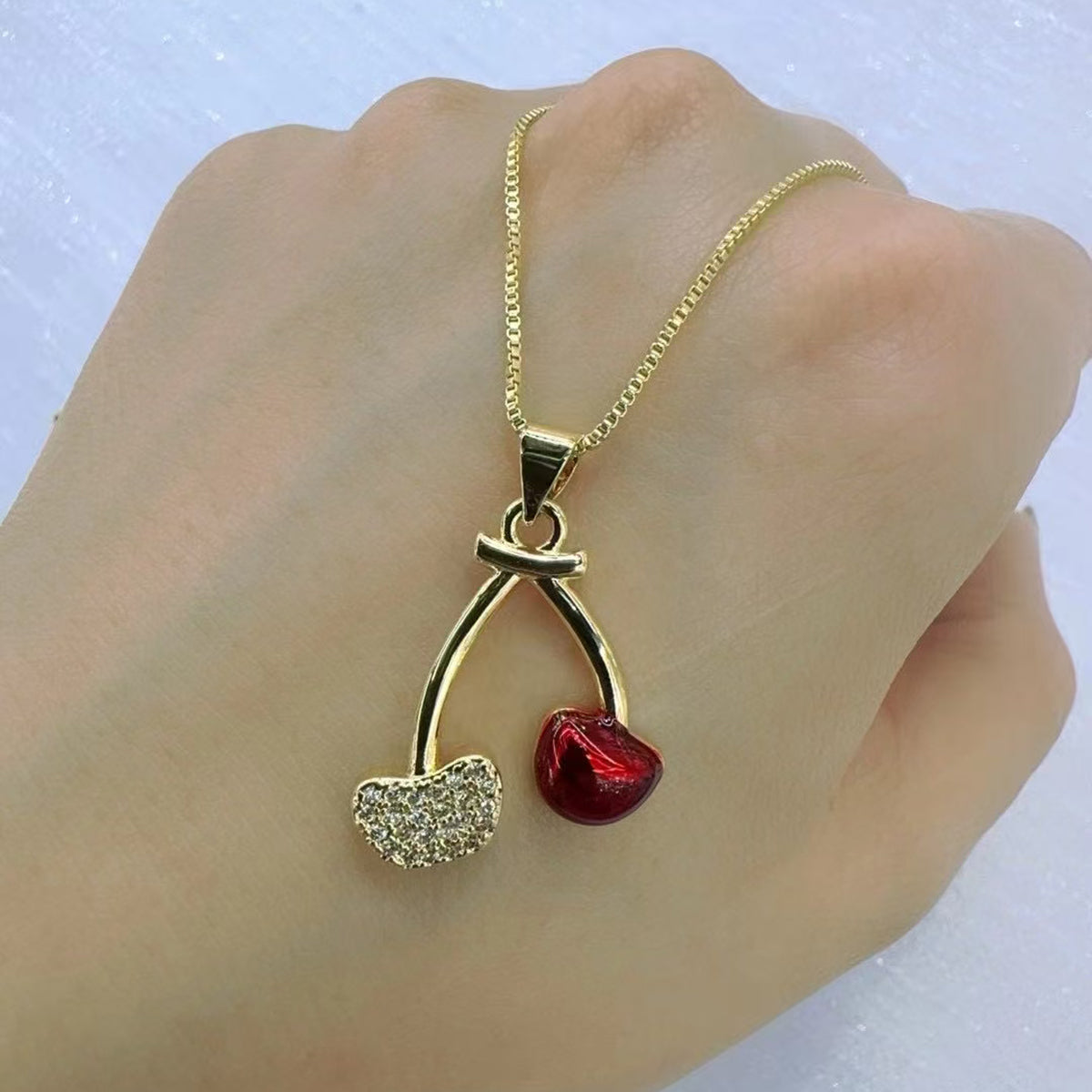 Jewelry IG Style Commute Cherry Solid Color Copper Zircon  Gold Plated Inlay box chain Pendant Necklace