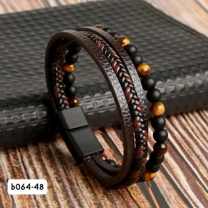 Mens Multi-Layer Braided Leather Bracelet with Magnetic Clasp Stylish & Durable Wristband