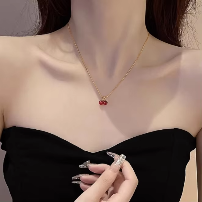 Jewelry Sweet Simple Style Cherry 304 Stainless Steel 18K Gold Plated Plating Pendant Necklace