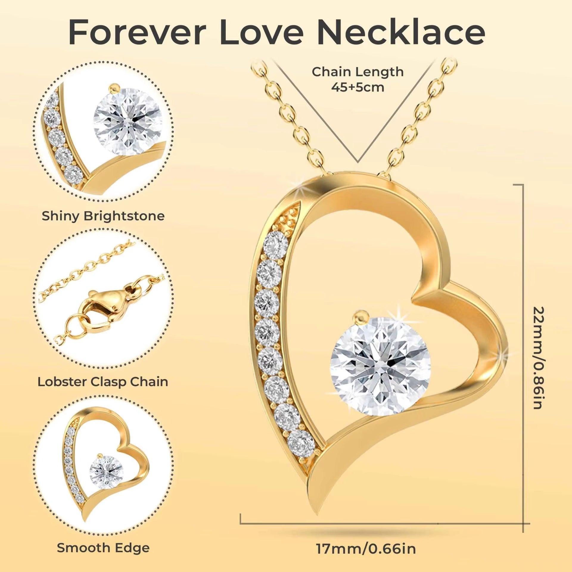 Titanium Steel Copper Plating Heart Shape Zircon Pendant Necklace Gold