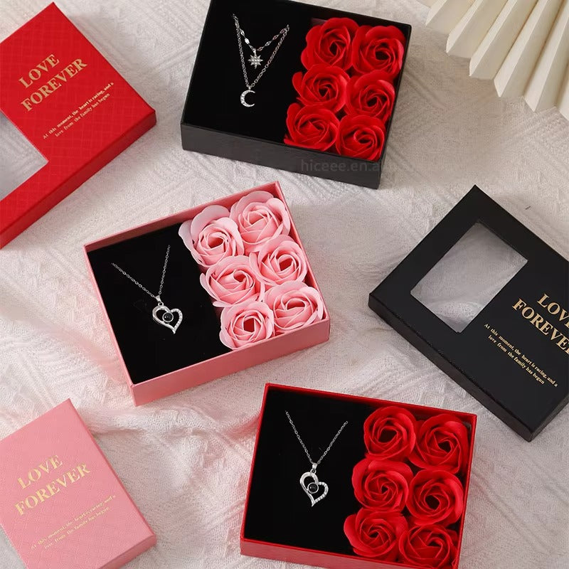 Creative Artificial Flower Pendant Jewelry Packaging Box 2025 Birthday Mother's Day Gift Set 6 Soap Roses Ring Necklace Box
