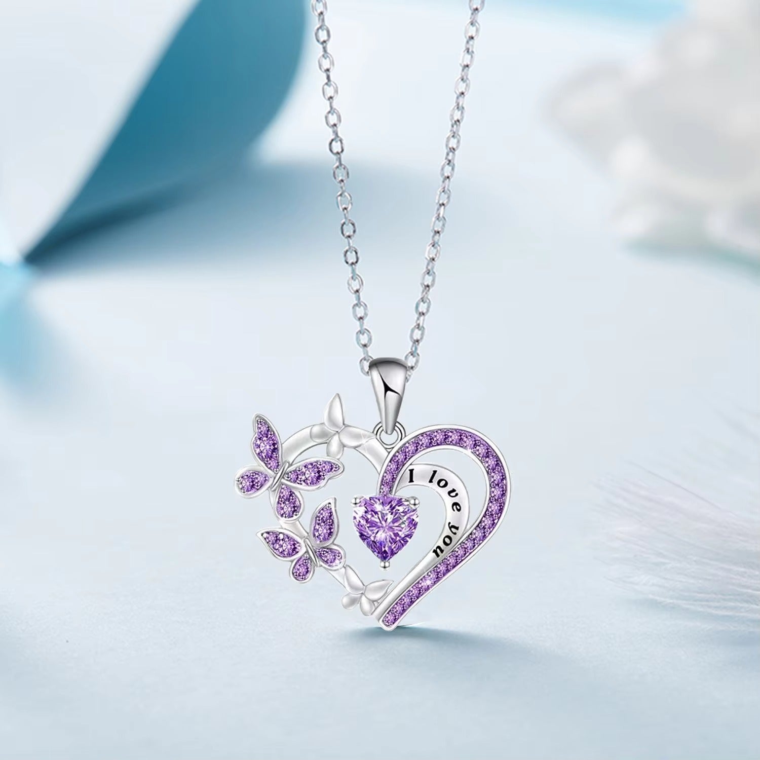 Fashion Jewelry Necklace for Butterfly Design Heart Shaped White/Purple Crystal Silver Plated Pendant Necklaces for Women