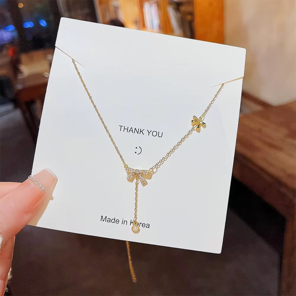 Light Luxury Bowknot Pendant Necklace Micro Inlaid Zircon Pendant Necklaces Women'S Versatile and Simple Gold-Filled Jewelry