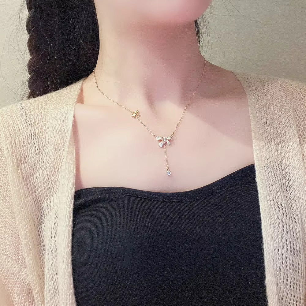 Light Luxury Bowknot Pendant Necklace Micro Inlaid Zircon Pendant Necklaces Women'S Versatile and Simple Gold-Filled Jewelry