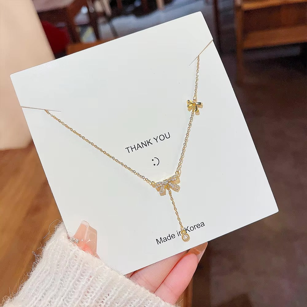 Light Luxury Bowknot Pendant Necklace Micro Inlaid Zircon Pendant Necklaces Women'S Versatile and Simple Gold-Filled Jewelry