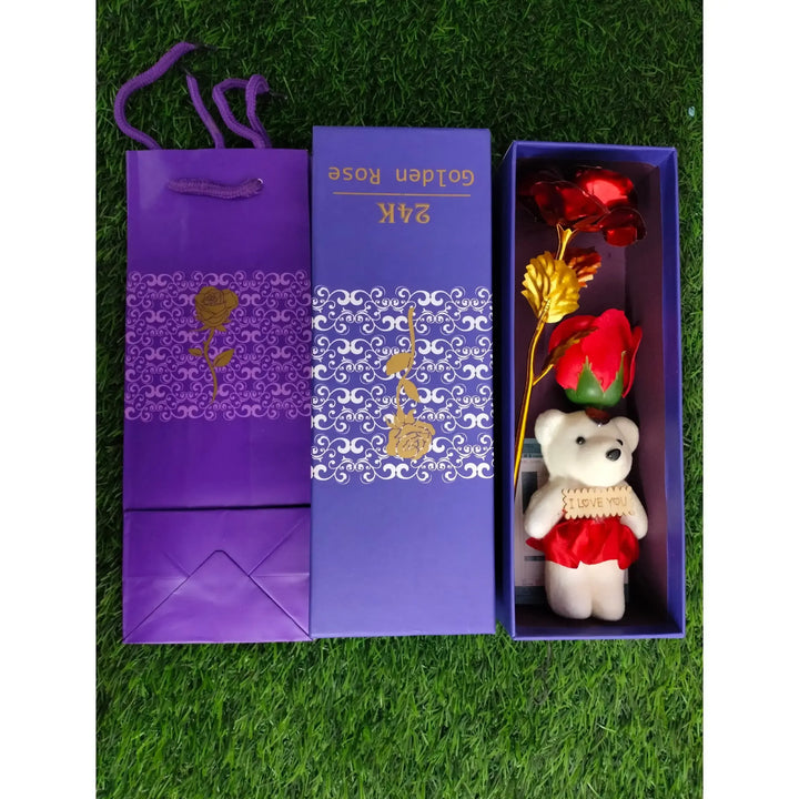 24 K Valentine Blue Box Red Rose With Teddy And Flower With Carry Bag