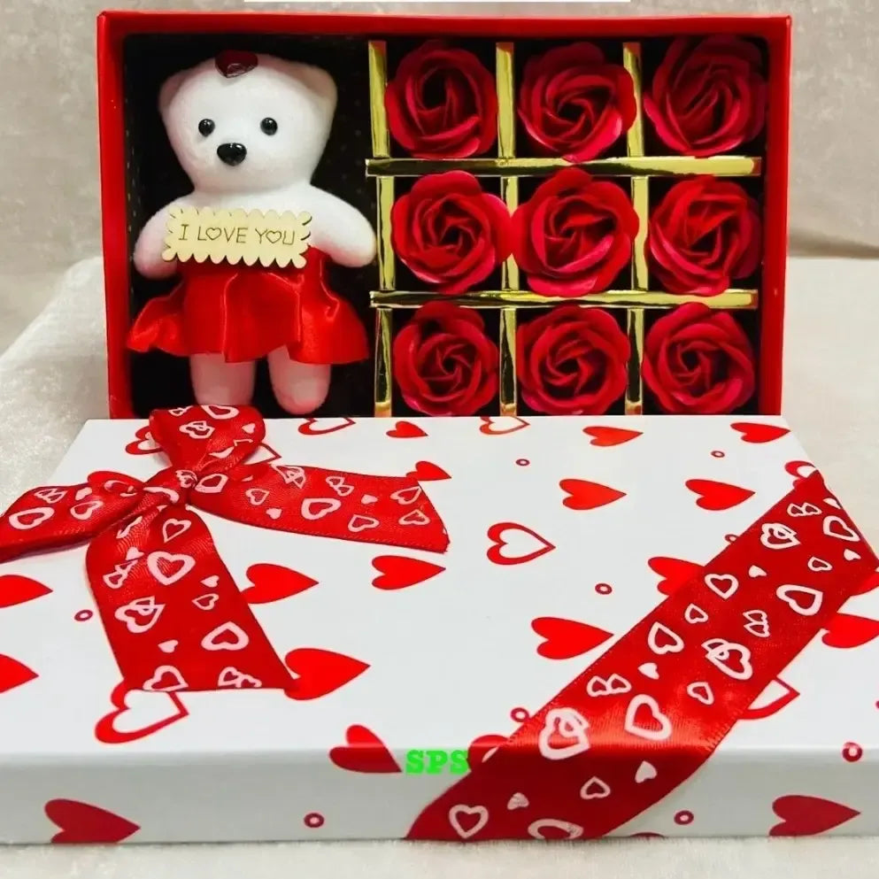 Valentine Box With Teddy And 9 Flowers