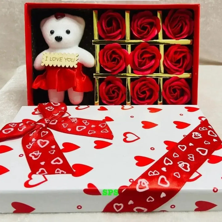 Valentine Box With Teddy And 9 Flowers