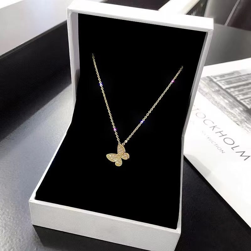Simple 14K Gold Plated Stainless Steel Butterfly Necklace Fashion Women Jewelry Shinny Rhinestone Crystal Butterfly Necklace