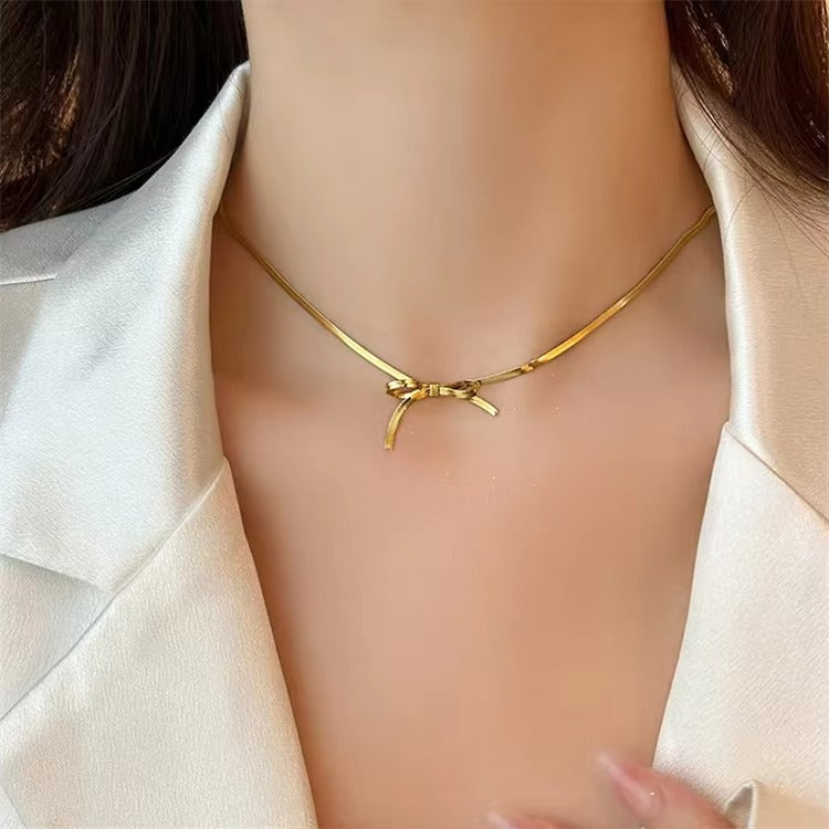 Titanium Steel 18k Gold Plated Dainty Snake Bone Chain for Girl Necklace Butterfly Bowknot Necklace