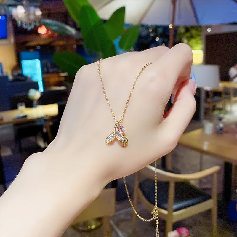 Sweet Heart Shape Butterfly Bow Knot Titanium Steel Inlay Artificial Pearls Rhinestones Pendant Necklace