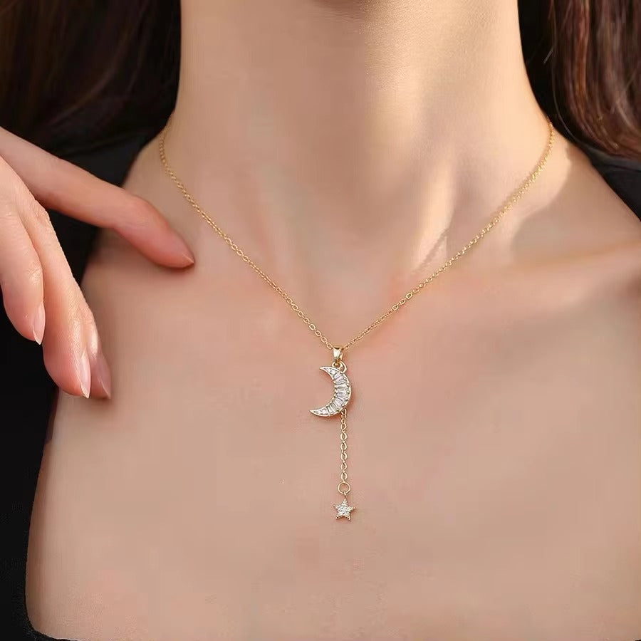 Insta Style Micro-Inlaid Gold-Plated Pendant Moon Titanium Steel Necklace