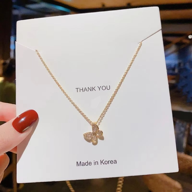 Simple 14K Gold Plated Stainless Steel Butterfly Necklace Fashion Women Jewelry Shinny Rhinestone Crystal Butterfly Necklace