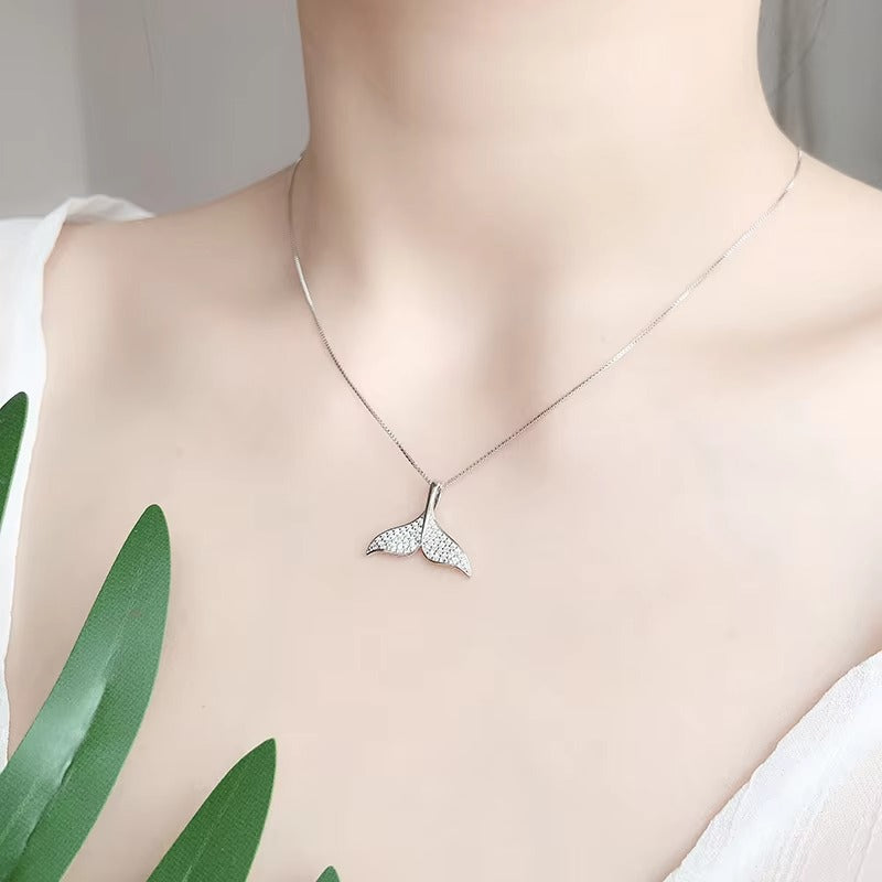 Mermaid Pendant Whale Tail Clavicle Chain Necklace Trendy Silver Color Stainless Steel Chain Lucky Animal Fishtail Necklace
