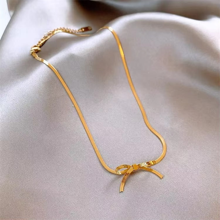 Titanium Steel 18k Gold Plated Dainty Snake Bone Chain for Girl Necklace Butterfly Bowknot Necklace