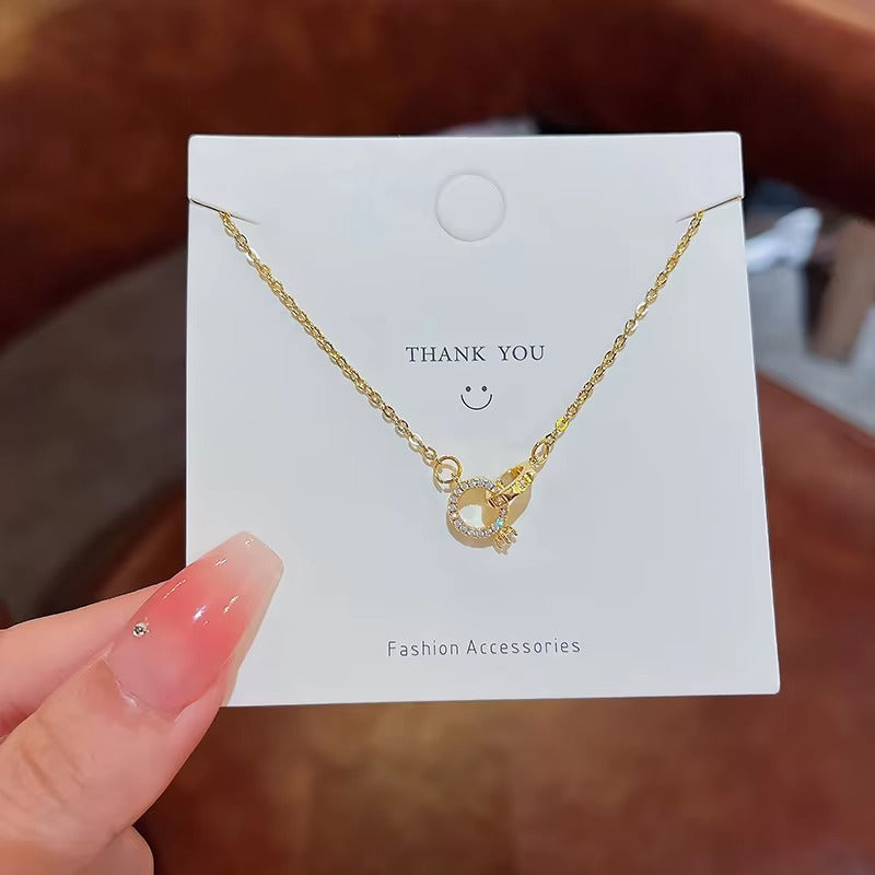 Exquisite 14K18K Gold Plated S925 Sterling Silver Interlocking Diamond Double Ring Pendant Necklace Women Charm Party Jewelry