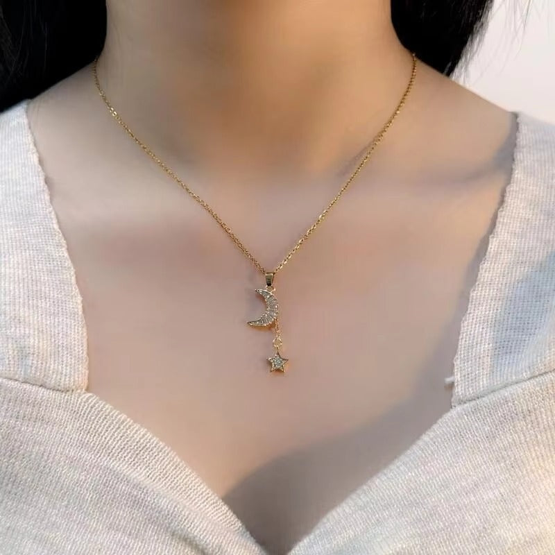 Insta Style Micro-Inlaid Gold-Plated Pendant Moon Titanium Steel Necklace