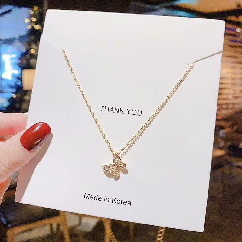 Simple 14K Gold Plated Stainless Steel Butterfly Necklace Fashion Women Jewelry Shinny Rhinestone Crystal Butterfly Necklace