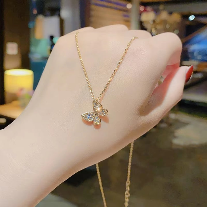 Simple 14K Gold Plated Stainless Steel Butterfly Necklace Fashion Women Jewelry Shinny Rhinestone Crystal Butterfly Necklace