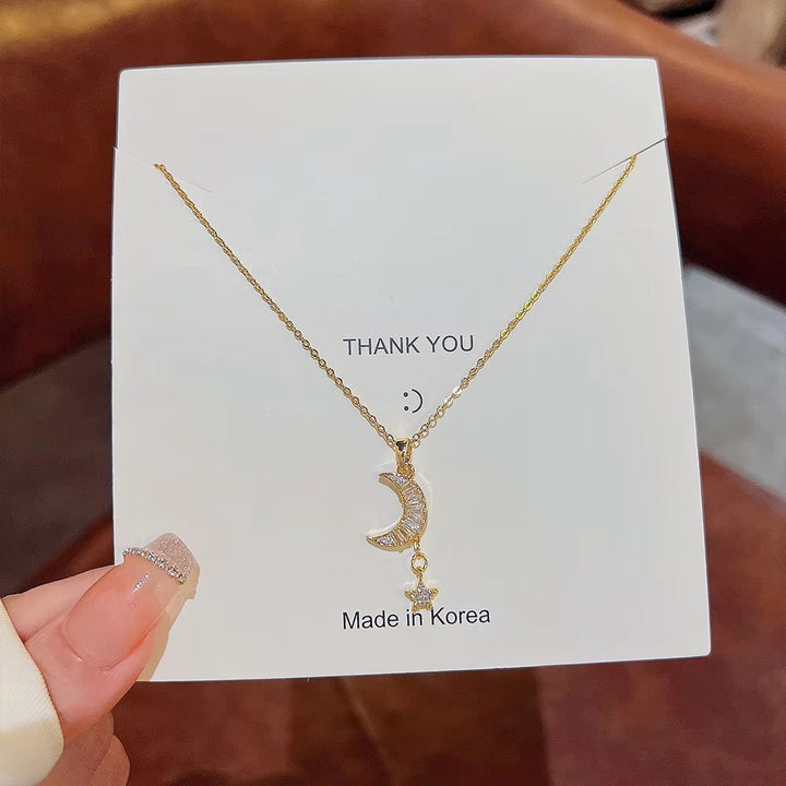 Insta Style Micro-Inlaid Gold-Plated Pendant Moon Titanium Steel Necklace