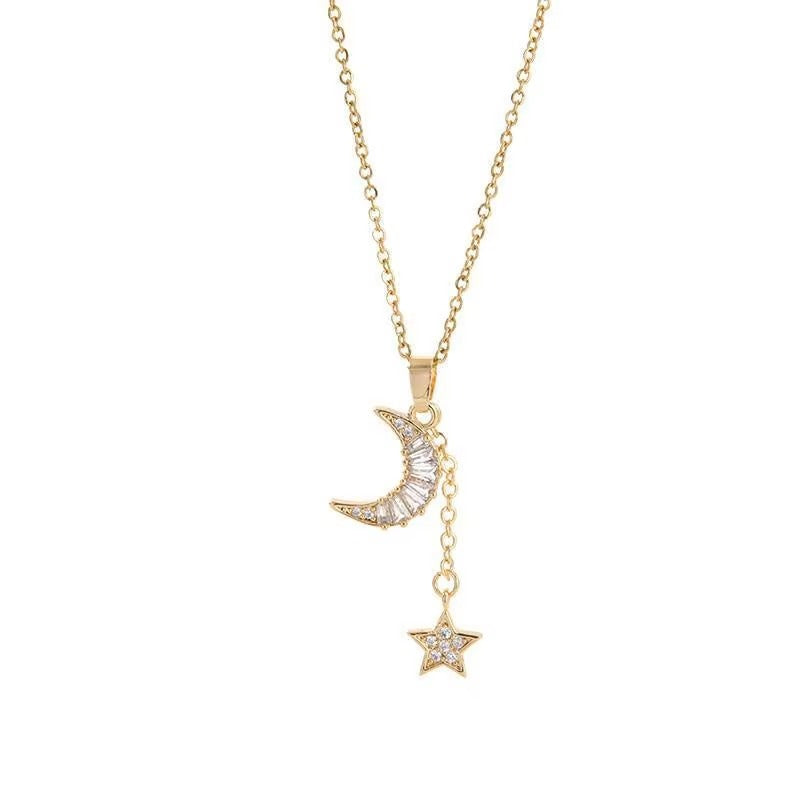 Insta Style Micro-Inlaid Gold-Plated Pendant Moon Titanium Steel Necklace