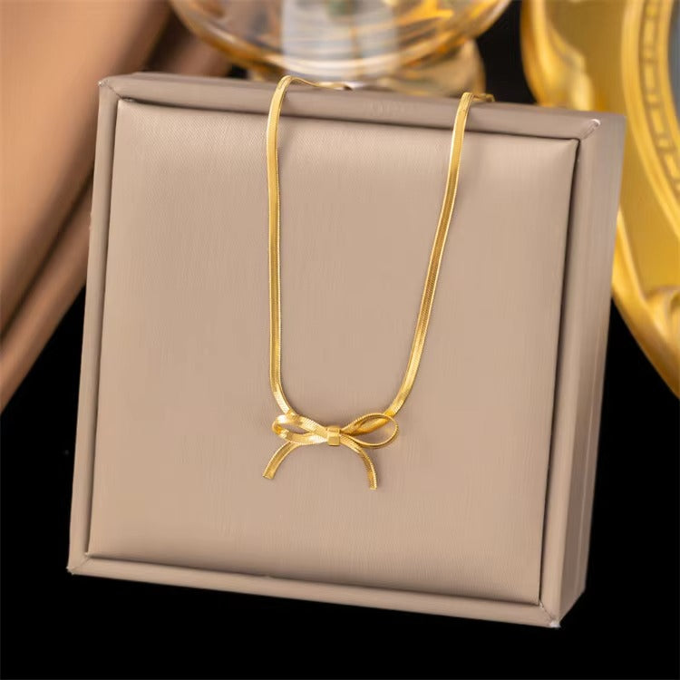 Titanium Steel 18k Gold Plated Dainty Snake Bone Chain for Girl Necklace Butterfly Bowknot Necklace