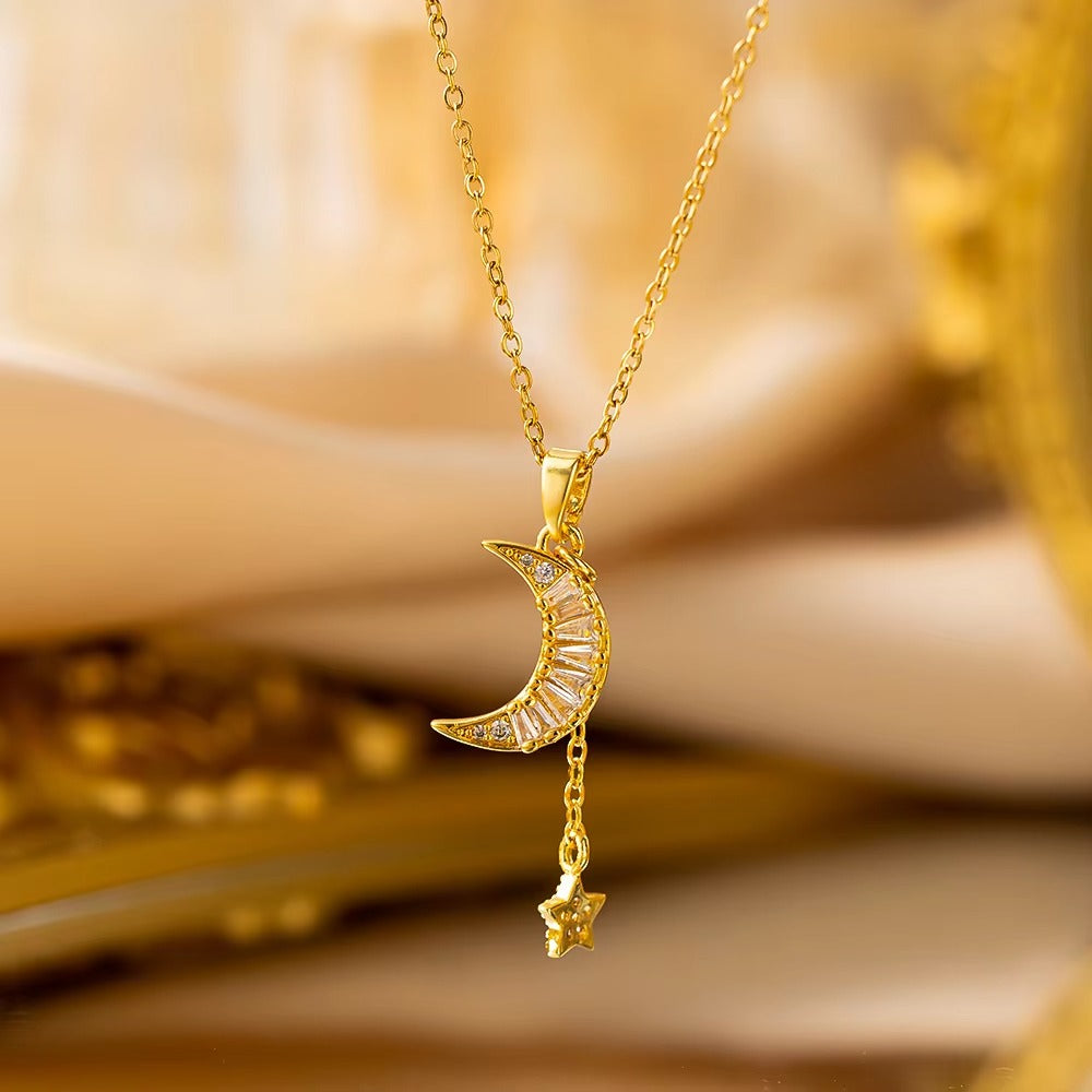 Insta Style Micro-Inlaid Gold-Plated Pendant Moon Titanium Steel Necklace