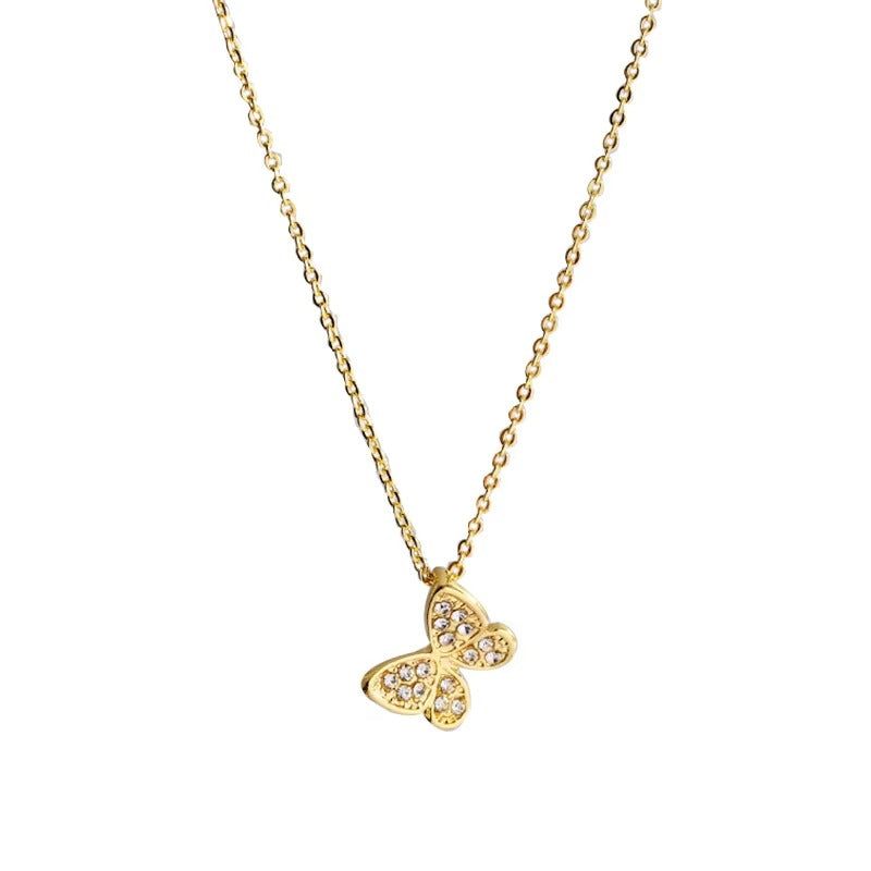 Simple 14K Gold Plated Stainless Steel Butterfly Necklace Fashion Women Jewelry Shinny Rhinestone Crystal Butterfly Necklace