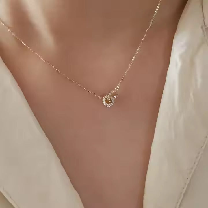 Exquisite 14K18K Gold Plated S925 Sterling Silver Interlocking Diamond Double Ring Pendant Necklace Women Charm Party Jewelry